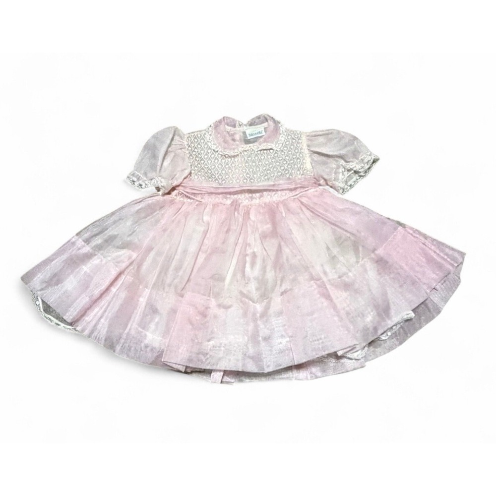 Vintage Nannette Girls Smocked Pink Sheer Lace Dress Puff Sleeve Full Skirt 24M